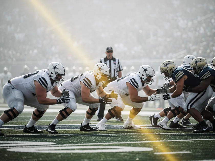Cleveland Browns offensive linemen in formation during an NFL game, highlighting 2026 free agency re