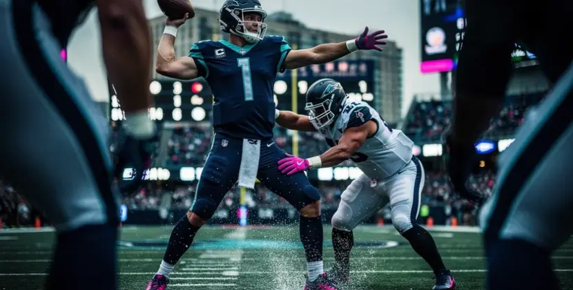 Jared Goff dropping back to pass for the Detroit Lions during an NFC North matchup in 2025