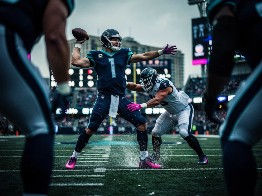 Jared Goff dropping back to pass for the Detroit Lions during an NFC North matchup in 2025