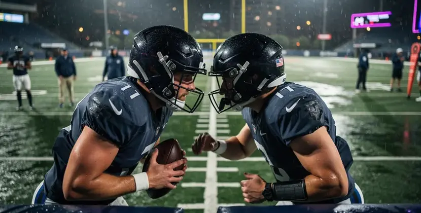 New England Patriots quarterback Tommy DeVito on the sideline during an NFL game in 2025