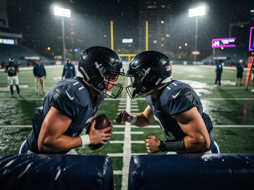New England Patriots quarterback Tommy DeVito on the sideline during an NFL game in 2025